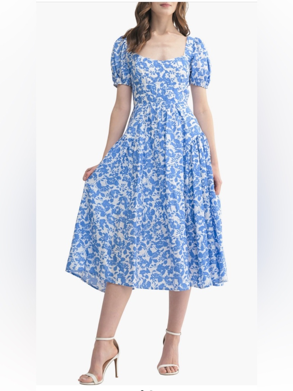 Lush Blue White Floral Midi Dress with Puff Sleeves NWOT Small